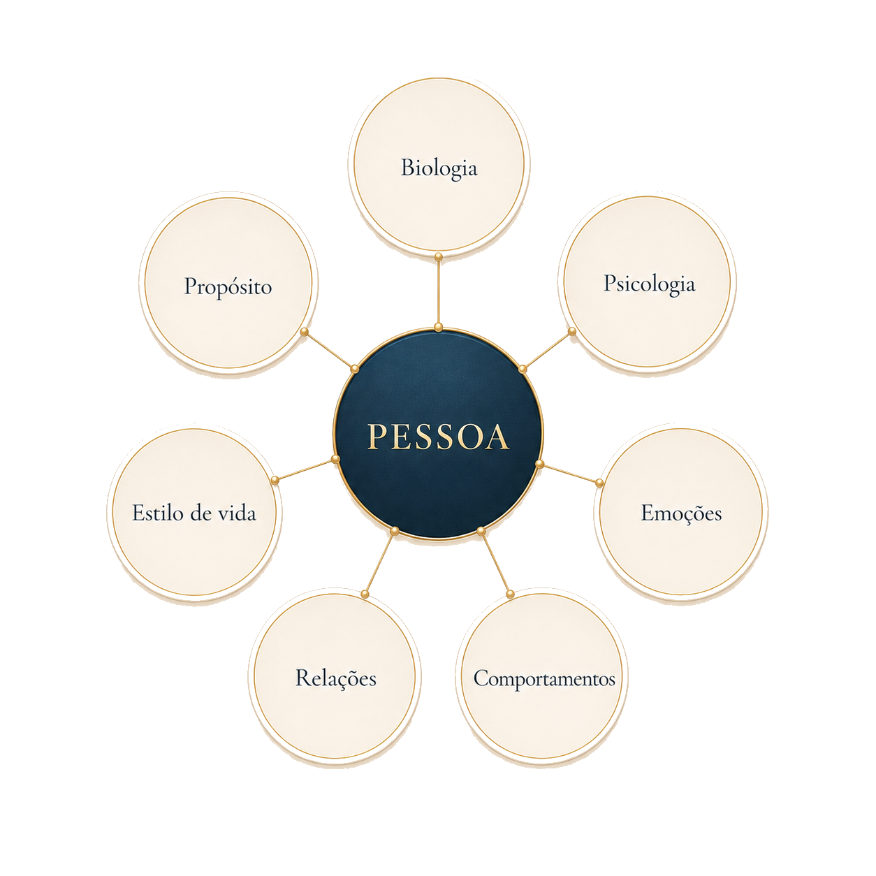 Diagrama das dimensões do cuidado: biologia, psicologia, emoções, comportamentos, relações, estilo de vida e propósito em torno da pessoa.